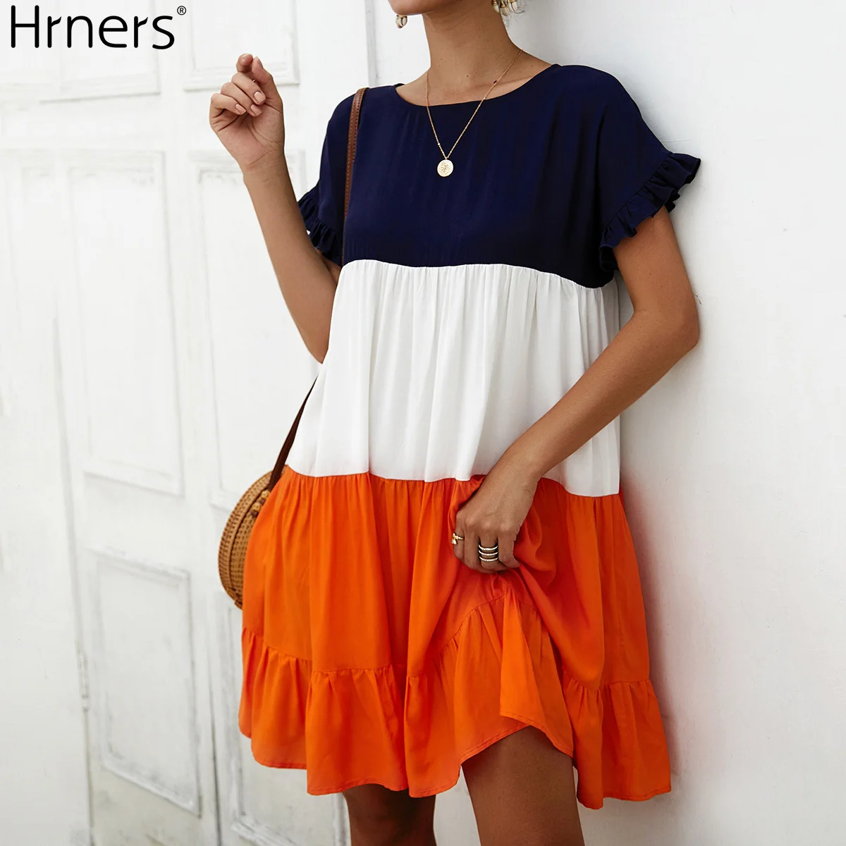 

Hrners Women Stitching Loose Dress Sexy O-Neck Short Sleeve Color Matching Ruffles A-line Dress Spring Summer Ladies Casual Mini