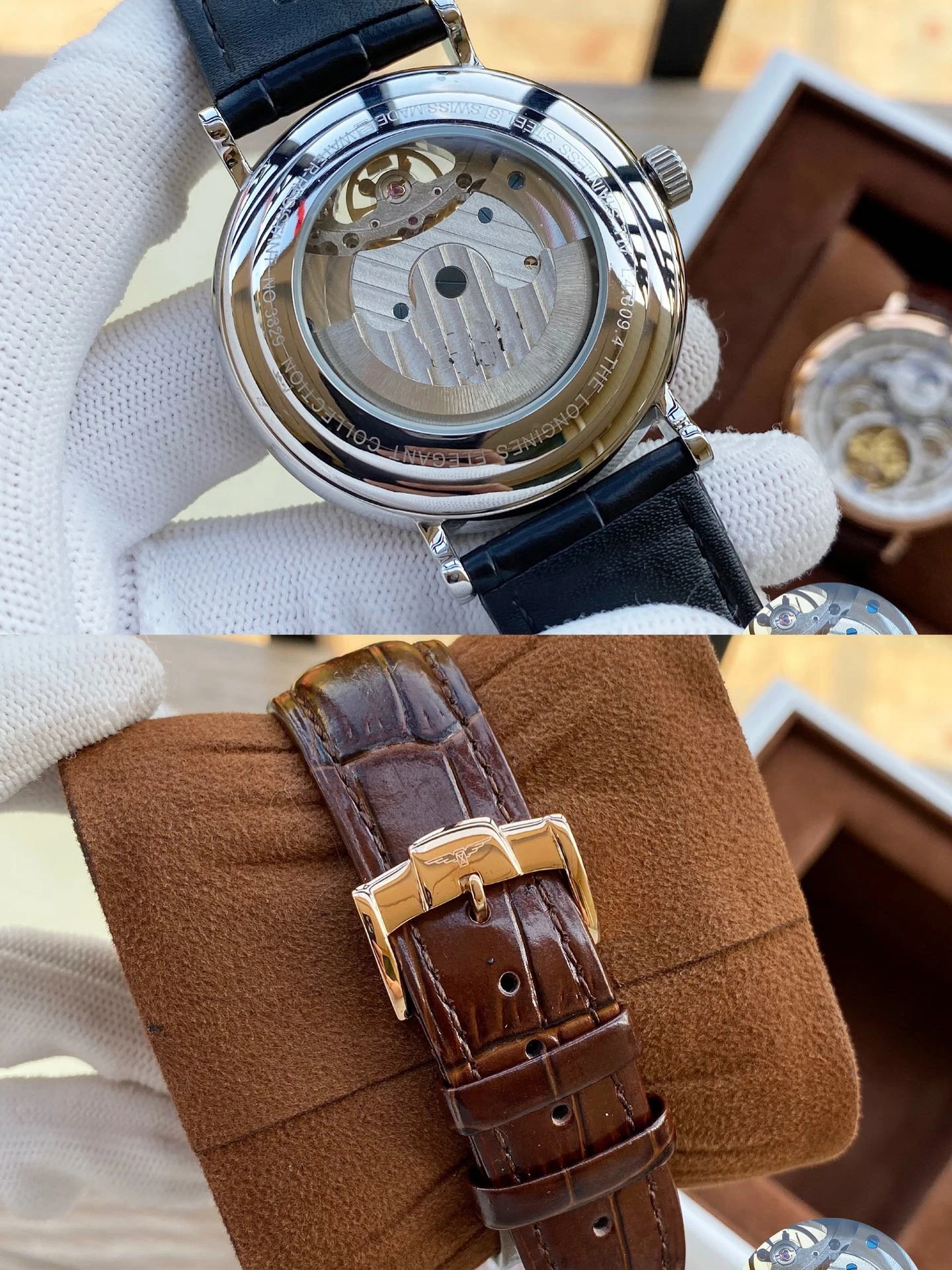 

Luxury Brand Men Brown Black Leather Stainless Steel Automatic Mechanical Rose Gold Tourbillon MoonPhase Skeleton Sapphire Watch