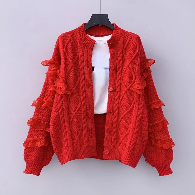

Женский вязаный кардиган с кружевными вставками, зимний Кардиган, новинка 2021, свободная Толстая теплая женская верхняя одежда с рукавами-фо...