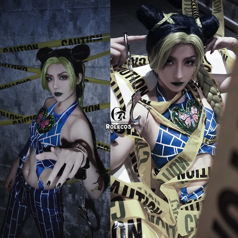 ROLECOS аниме JoJo Cujoh Jolyne Косплэй костюм Для женщин сексуальный синий топ и штаны