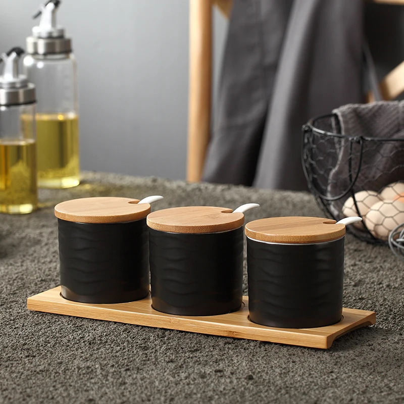 Ceramic Condiment Storage Jar Kitchen Seasoning Tank Household Pot Bamboo Tray Spice Soy Sauce Box Salt Sugar Can | Дом и сад