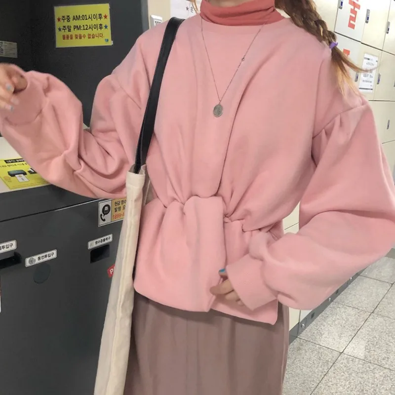 Пуловер с асимметричным подолом Женская толстовка модная Корейская рукавом