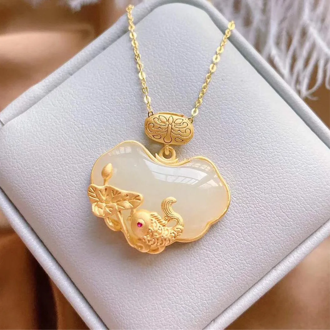 

Chinese Style Elegant Charm Female Lotus Koi Fish Hotan White Jade Stone Pendants Necklace Minorities Fine Vintage Gold Jewelry