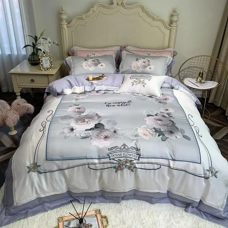 600TC Tencel Шелковый натуральный шелк комплект мягкого постельного белья King queen размер с цветочным принтом шикарный пододеяльник простыня комплект наволочка - Цвет: Color 1