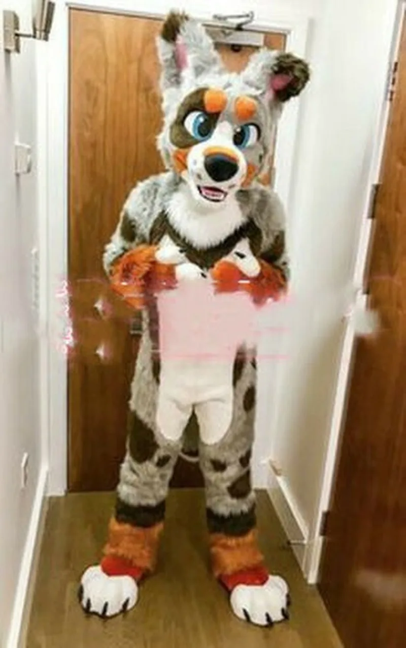 Горячая продажа Косплей взрослых Новый серый длинный Fursuit хаски собака лиса