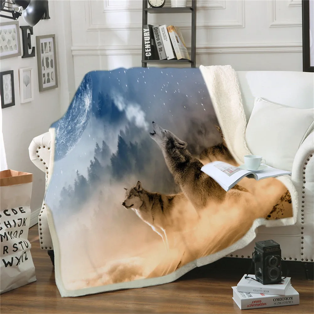 

Wolf Girl Furry Blanket Animal Wolves Plush Bedspread Galaxy Bed Blanket Blue Sherpa Blanket