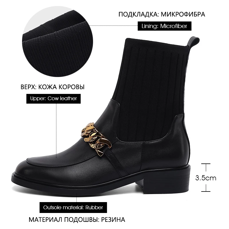 

Donna-in Winter Retro Square Toe Boots For Women 2020 New Fashion Metal Chain Genuine Leather Woolen Tube Sock Boot Women's Shoe