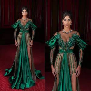 Dark Green Prom Dresses Sheer Jewel Neck High Side Split Long Sleeve Mermaid Satin Saudi Arabia Celebrity Evening Gowns