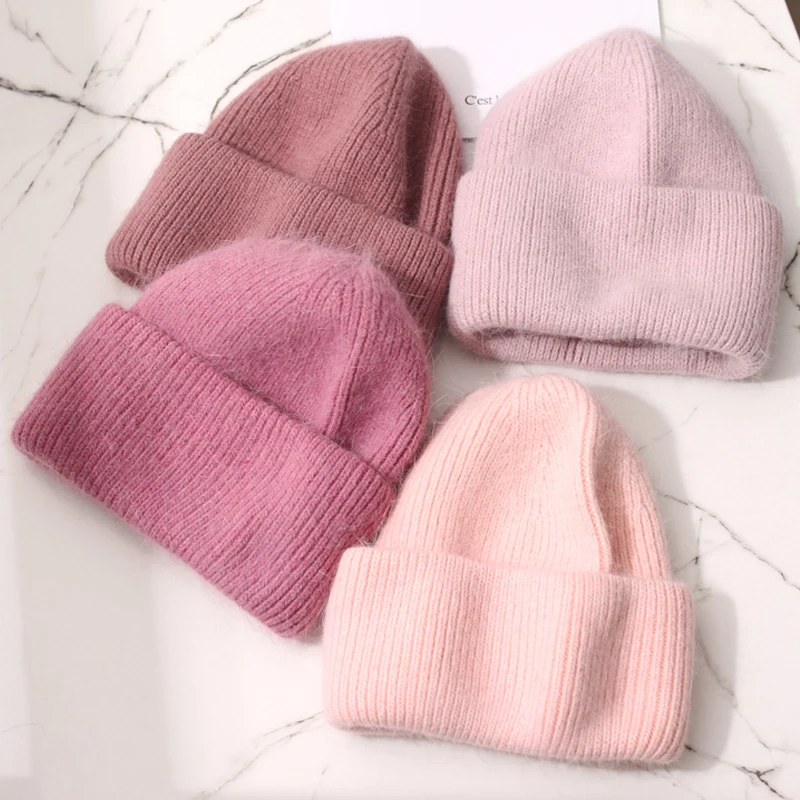 

Winter Real Rabbit Fur Knitted Beanies For Women Fashion Solid Warm Cashmere Wool Skullies Beanies Female Three Fold Thick Hats