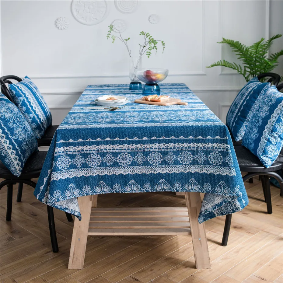Винтажная кружевная синяя скатерть с цветочным принтом прямоугольная для стола