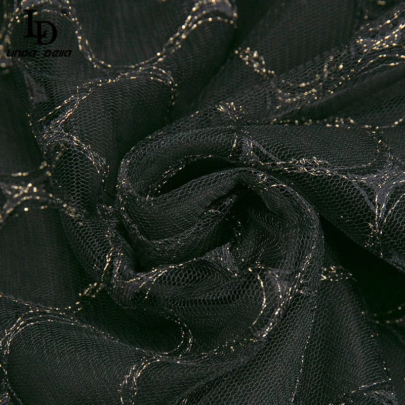 

LD LINDA DELLA 2021 Women Knit Tulle Patchwork Dress Summer Designer Ms Long Sleeve Luxury Gilding A Line Black Midi Dress
