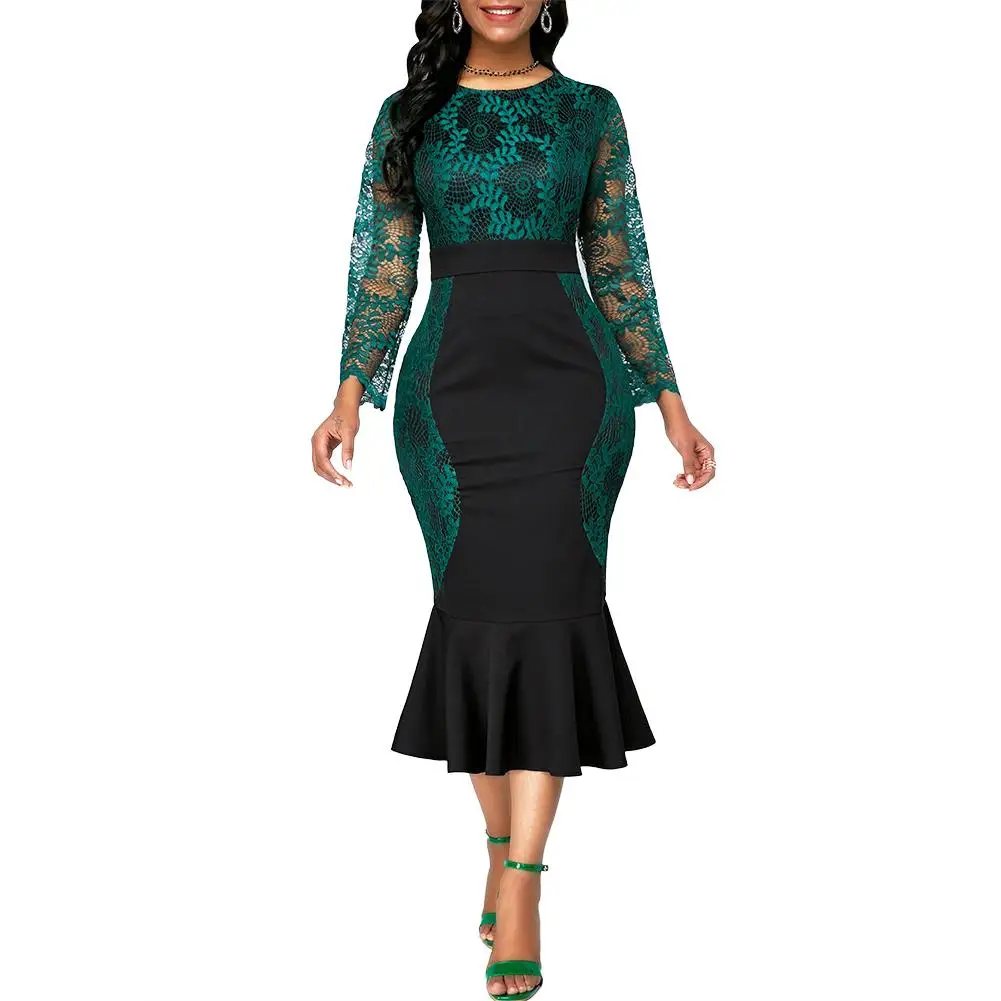 

Elegant Dress Women apparel Party Lace Patchwork Color Blocks Long Sleeve Bodycon Fishtail Trumpet Midi Dress