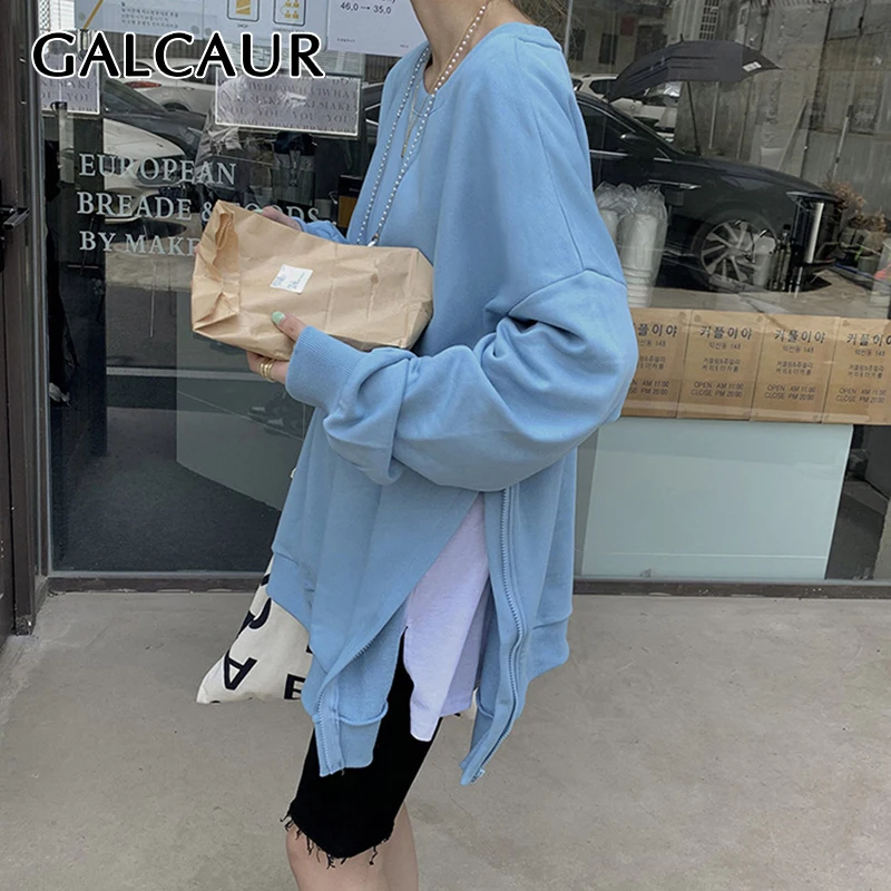 

Толстовка GALCAUR женская с круглым вырезом, модный свободный однотонный свитшот в стиле минимализма, одежда в Корейском стиле на осень