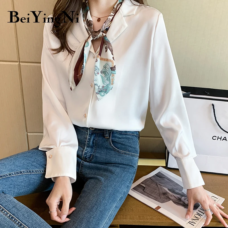 

Beiyingni Lace-up Elegant Long Sleeve White Chiffon Blouses Female Plus Size Streetwear Vintage Fashion Blouse Women Chic Tops