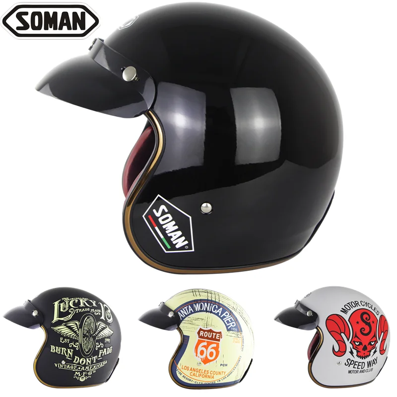 Шлем мотоциклетный с открытым лицом для мужчин винтажный черный шлем в стиле
