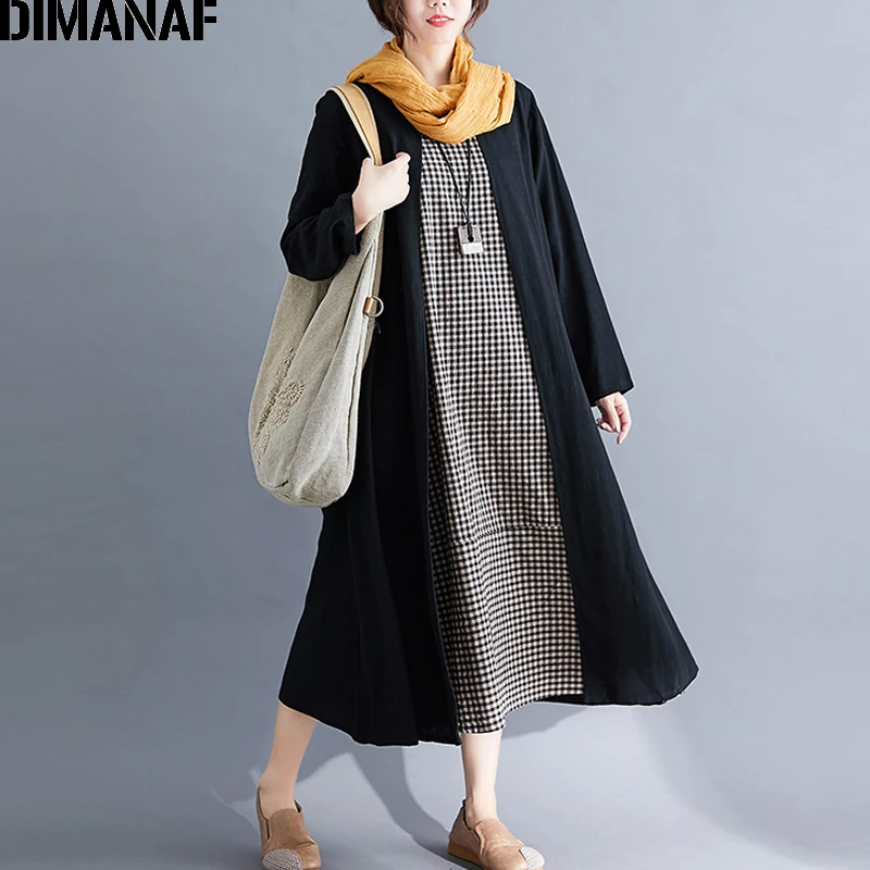 Женское платье в клетку DIMANAF винтажное из хлопка и льна черного цвета с