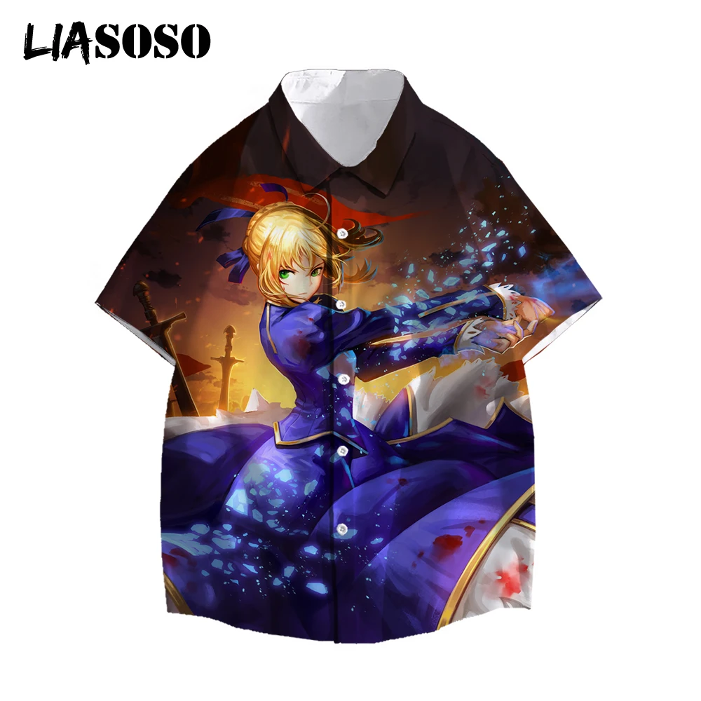 

LIASOSO 3D Print Shirt Fate Stay Night 2021 Hawaii Japan Anime Game Cartoon Men Saber Short Sleeve Harajuku Streetwear Tops