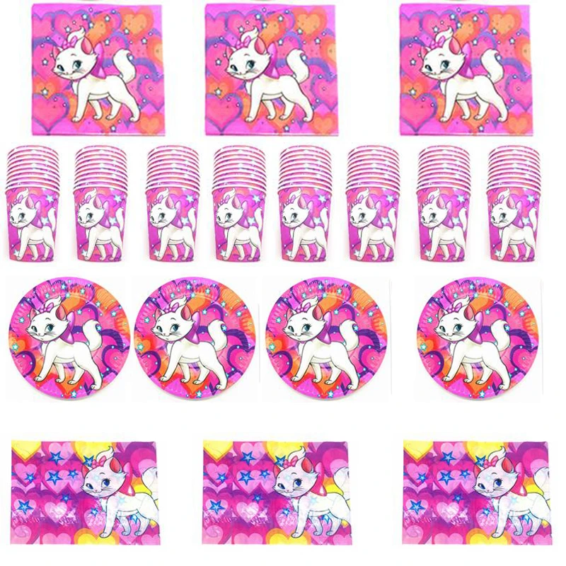 

Pink cat Theme Kids Favors Plates Birthday Part Cups Glass Dishes Baby Shower Tablecloth Napkins Tableware Set 61pcs/lot