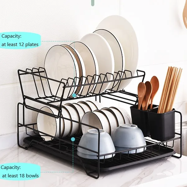 

Dish Drying Rack with Drainboard Drainer Kitchen Light Duty Countertop Utensil Organizer Storage For Home Black White 2-Tier