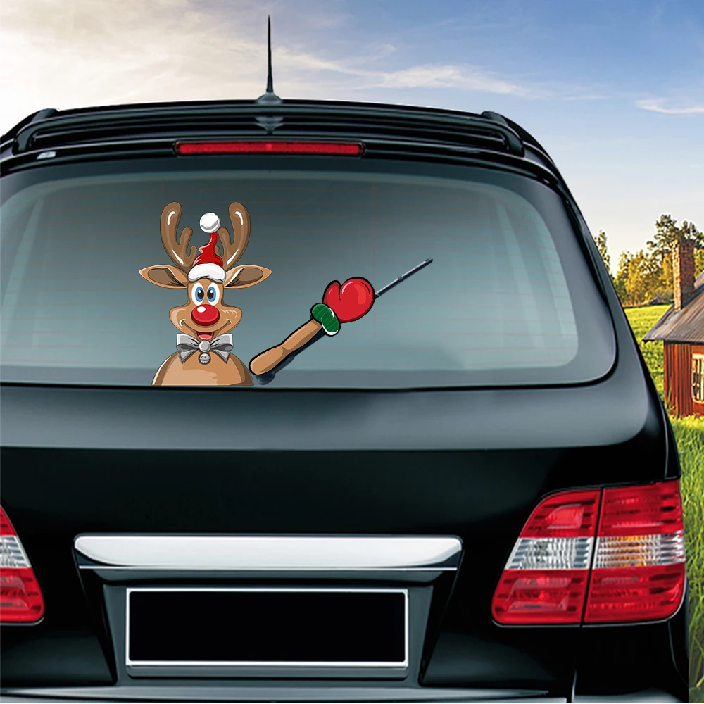 

Christmas Reindeer Elk Waving Wiper Decals Rear Windshield Stickers Removable Reusable Washable Auto Accessories 3D Car Styling