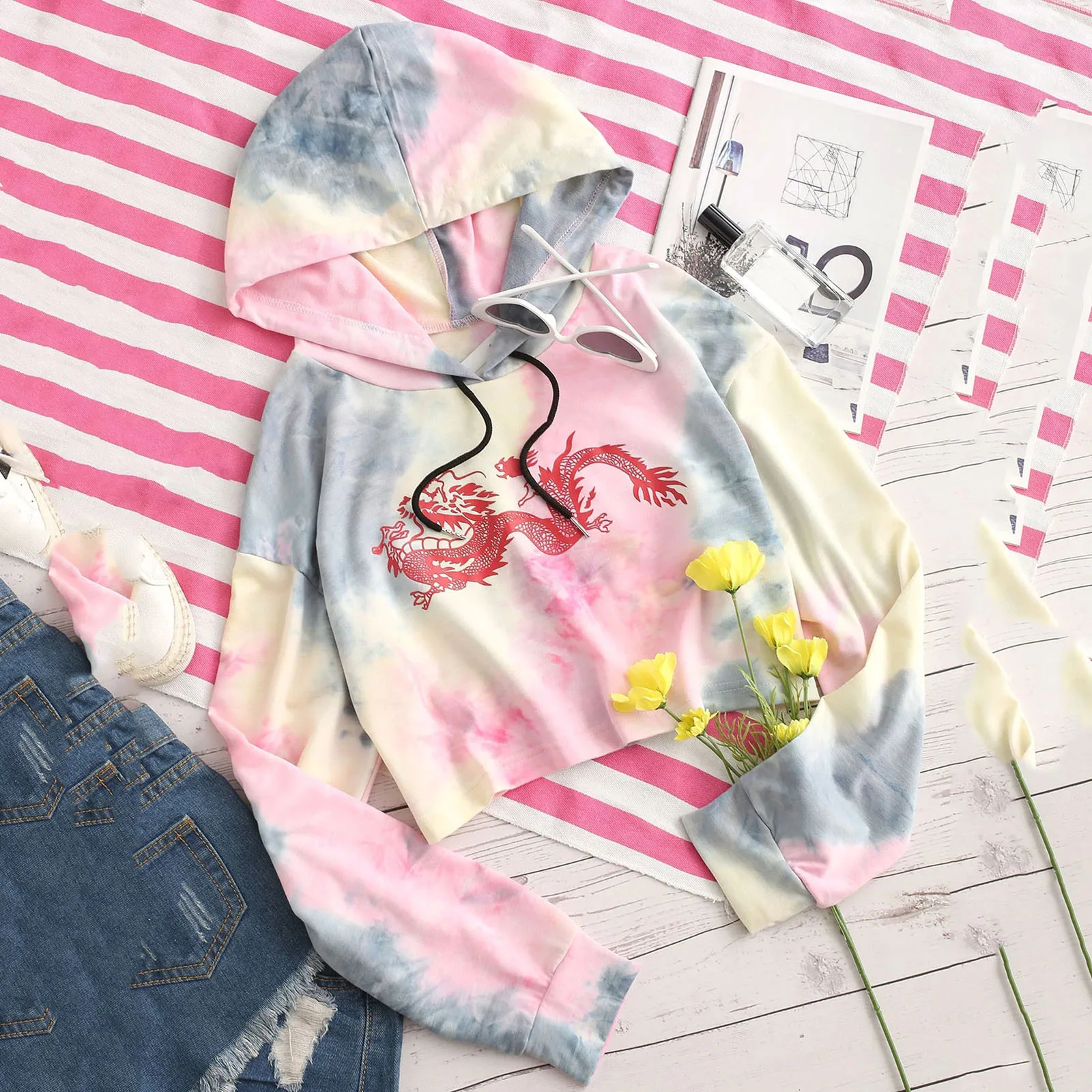 Chinse укороченные свитшоты с рисунком дракона для женщин подростков девочек Осень