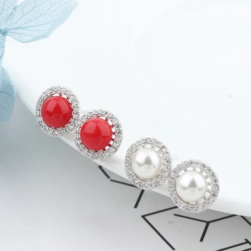Серьги-гвоздики с красными белыми бусинами 925 пробы серебряные серьги для женщин