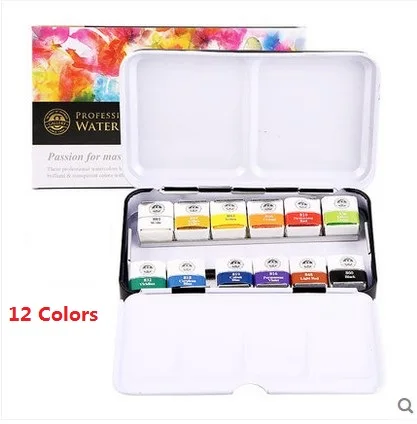 12 Colors Mungyo 12/24/48 цветов Профессиональные акварельные краски mwph серии Упаковка железа твердый пигмент искусство рисования краски - Цвет: 12 Colors