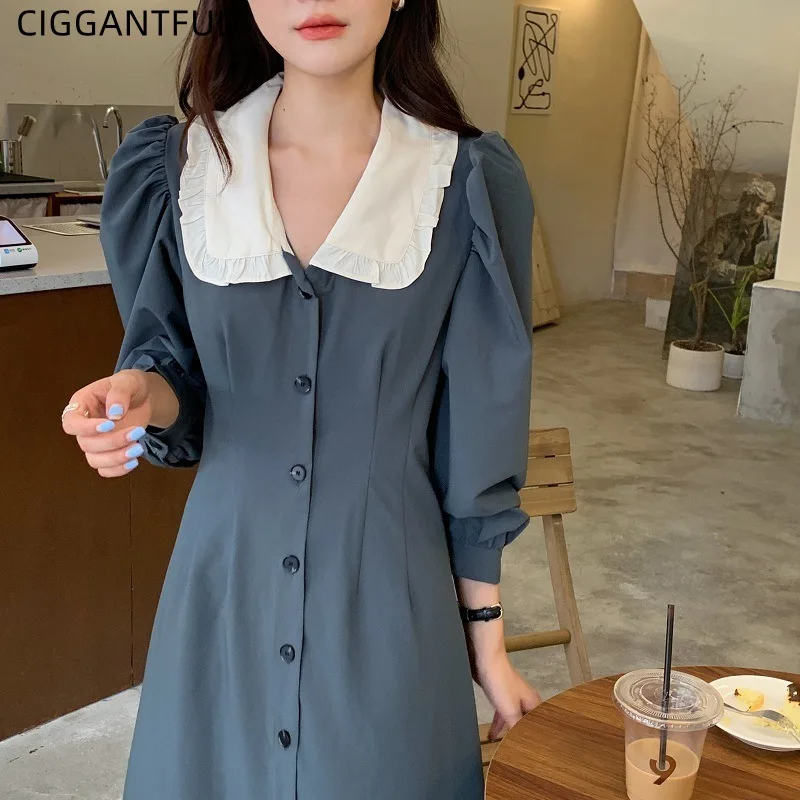 

Французский элегантный отворот контрастного цвета однобортное платье с рукавами-фонариками для женщин Винтажная пуговица трапециевидной ...