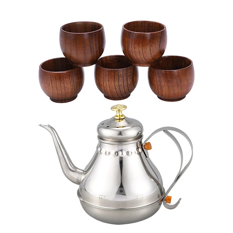 5 шт. креативный чайный набор Маленькая деревянная чашка и 1 горшок из нержавеющей