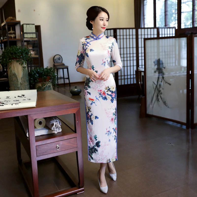 

Ципао с китайским принтом женское, Длинное Элегантное традиционное шелковое платье в китайском стиле, большие размеры 4XL