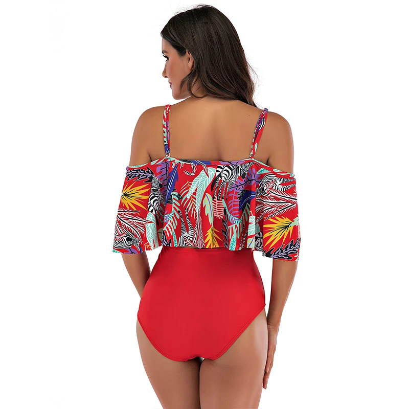 

LEEMIIJUU Sexy Off The Shoulder Swimwear Ruffle Two Piece Swimsuit Print Monokini Plus Size Bathing Suit Beachwear Swimming Suit