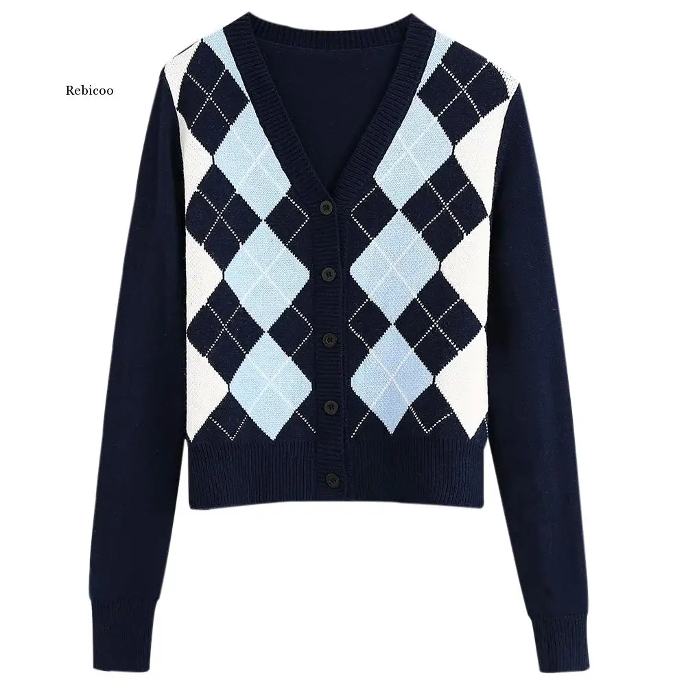 

Plaid Knitted Cropped Cardigan Women Long Sleeve Blue Sweater Woman Autumn Casual Knitwear Buttons Streetwear 2020