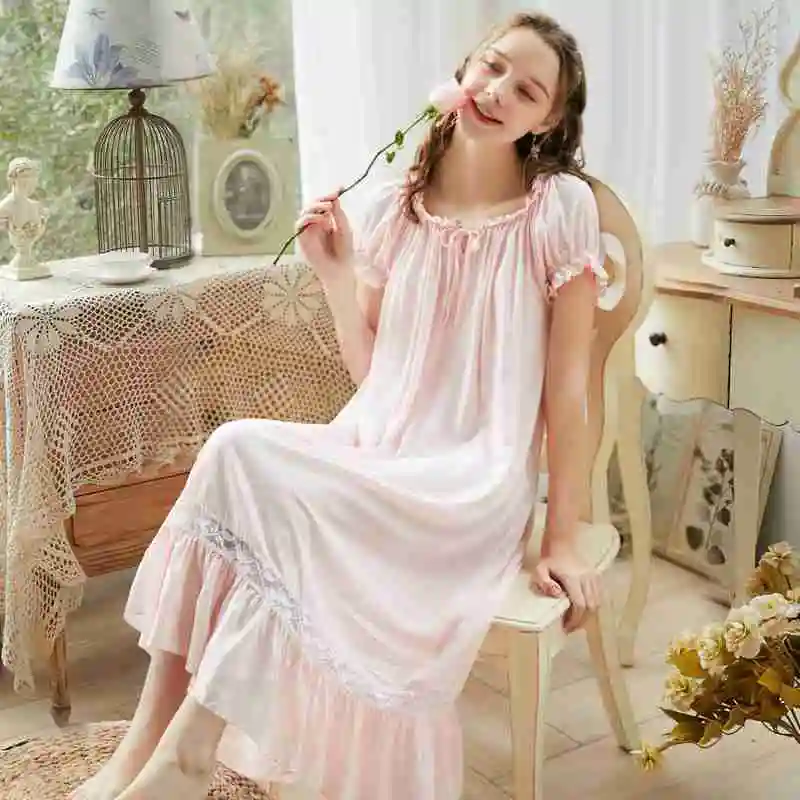 Women's Vintage Palace Sweet Nightgowns Vintage Nightdress Ruffles Lolita Women Nightwear Sleepwear Pink Negligee
