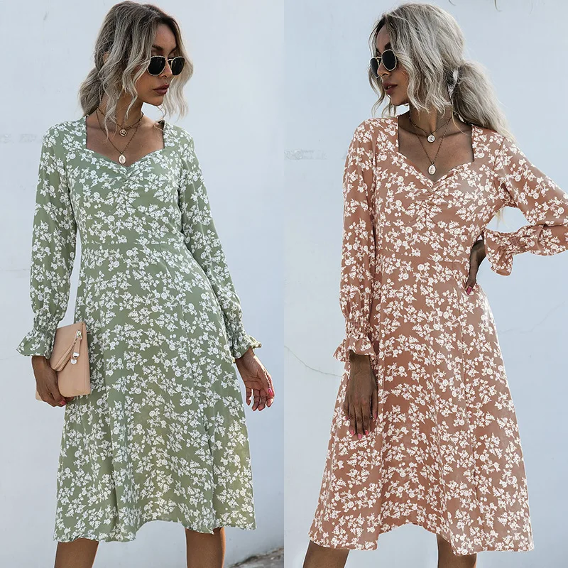 

Chiffon Women's Dress Floral Print Lotus Leaf Sleeve A-Line Maxi Vestidos New Elegant Retro V-Neck Dress Woman Spring 2021