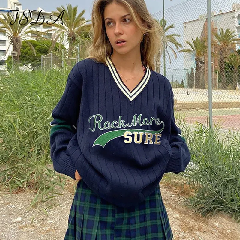 

FSDA 2021 V Neck Letter Long Sleeve Pullover Women Preppy Style Autumn Winter Fashion Blue Sweater Knitted Casual Jumper Top Y2K