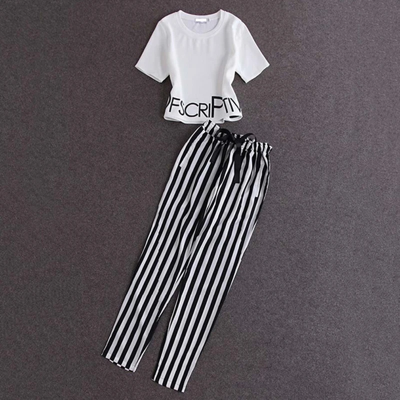 

Womens Set Summer White Letter Printed T Shirt Sexy Cropped Tops +Striped Pants Calf Length Casual Tracksuit S