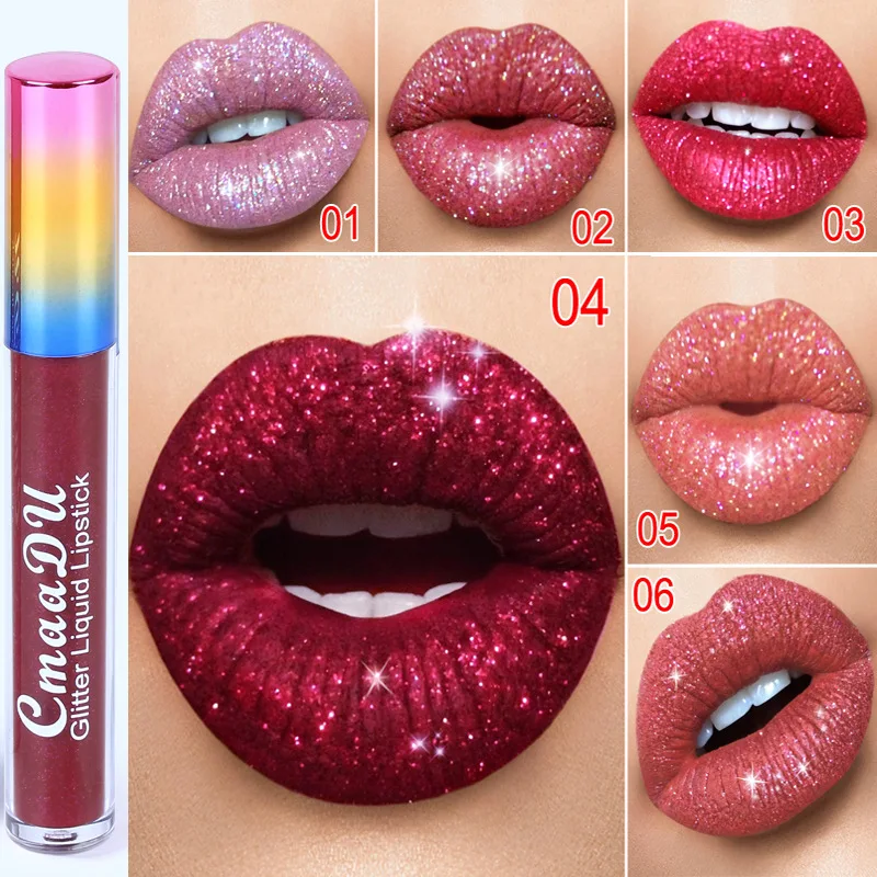 

Glitter Lip Gloss 6 Colors Sexy Red Nude Matte Lip Tint Waterproof Long Lasting Diamond Shimmer Liquid Lipstick