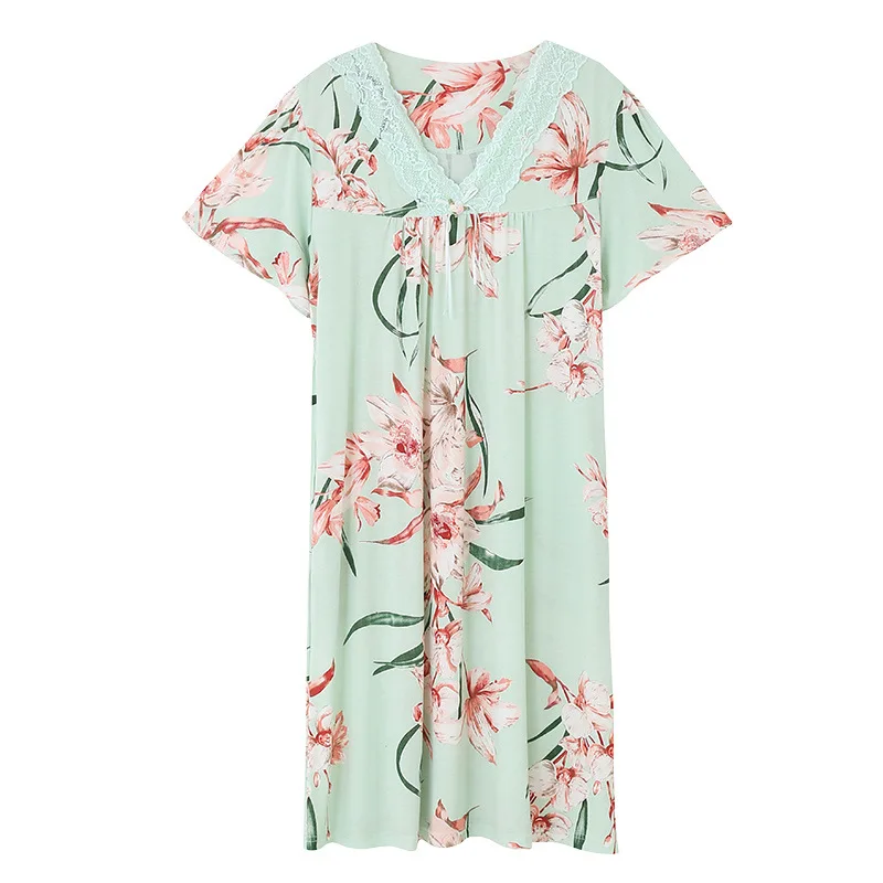 

plus size pajama pajamas for women Modal nightdress female summer thin short-sleeved loose flower dress home pajamas