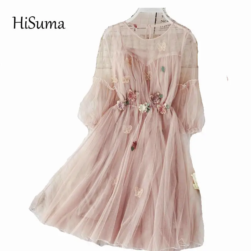 Женское Сетчатое платье с рукавами фонариками элегантное принцессы круглым