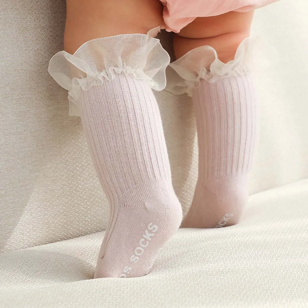 

Toddler Ruffle Socks Sping Summer Korean Flower Lace Knee High Sock for Baby Girls Non-slip Princess Cotton Socks