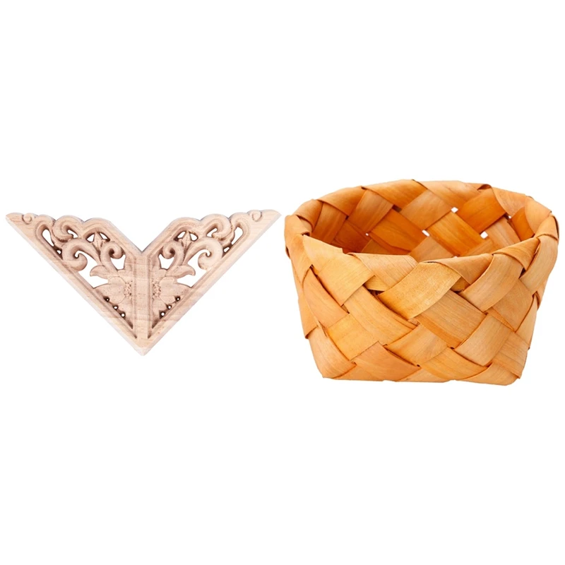 

8 x 8cm Wood Carved Corner Onlay Applique Decor & round fruit basket Bread basket-wood basket picnic storage basket