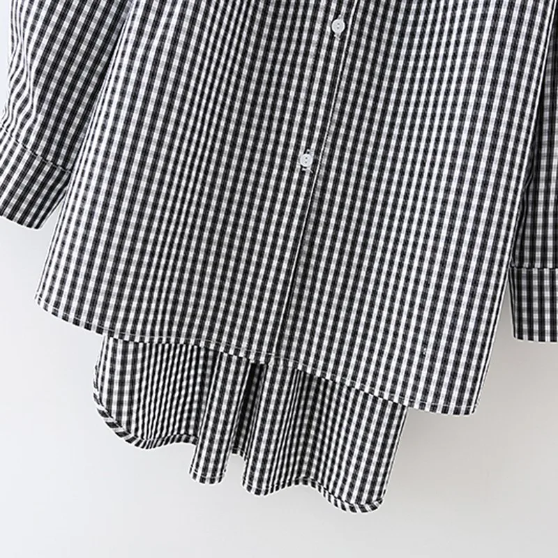 

Alldoke Two-piece Suit Plaid Shirts Spring Summer Women Turn-down Collar Long Sleeve Vintage Asymmetric Two Piece Shirt 2021