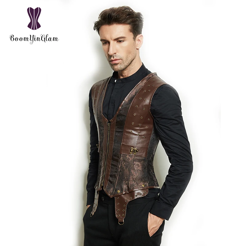 

Dark Brown Mens Steampunk Clothing Faux Leather Waistcoats Vest 12 Steel Boned Longline Corset 941#