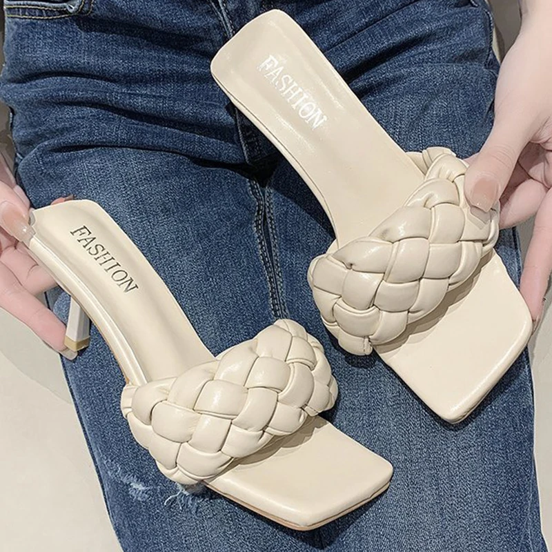 

Fashion Women Weave Pumps Summer Sexy External Wear High Heels 2021 Ladies Solid Color Open Toe Square Head Slippers Woman