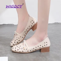 breathable hollow square heel shallow microfiber pumps women shoes 2019 summer shoes woman elegant butterfly knot female shoes