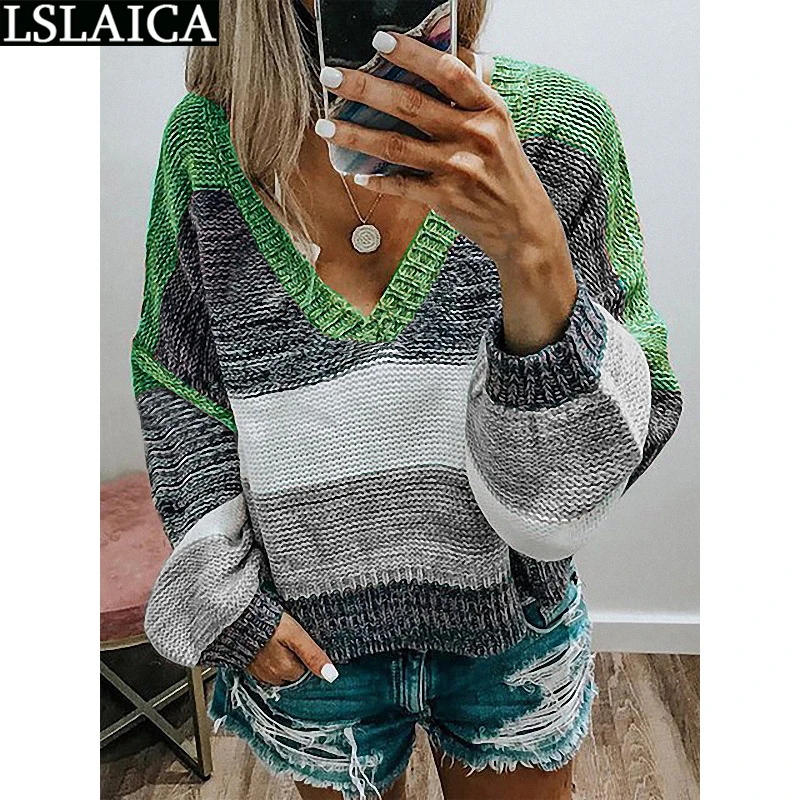 

Vintage Striped Patchwork Pullovers Woman Sweaters Autumn Casual Long Sleeve V Neck Female Fashion Knitted Sweater Plus Size