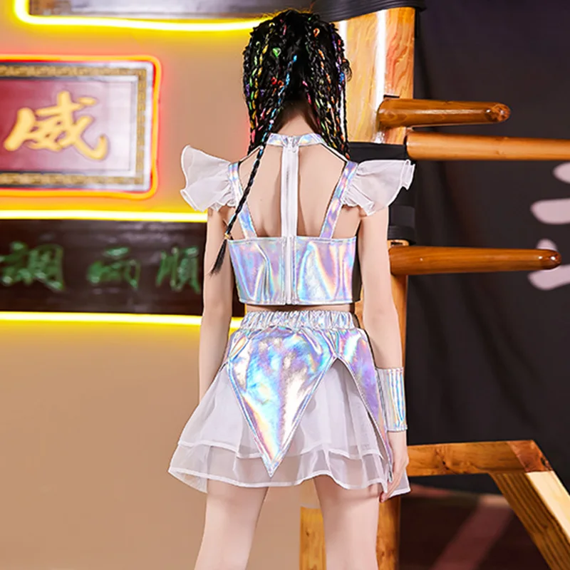 

2021 NEW Children Jazz Dance Costume Silver Shirt Skirt Girl Hip Hop Clothing Fashion Catwalk Stage Outfit Kids Modern Show Wear