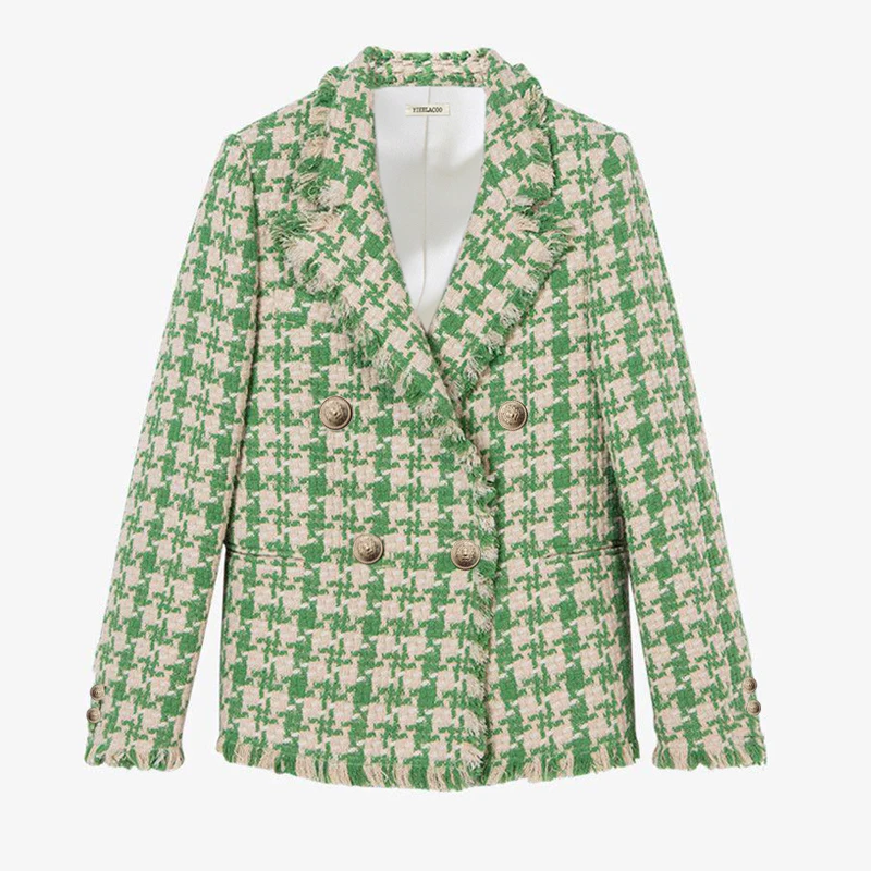 

Green Plaid Coat Bohemia 2020 Spring/Autumn Women's Coat New Tweed Burrs Houndstooth Pattern Long-Sleeved Jacket