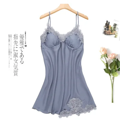 Gray Blue QWEEK ночные рубашки и пижамы для сна атласная пижама Женская Сексуальная Дамская ночная рубашка женское белье с нагрудной накладкой - Цвет: Gray Blue