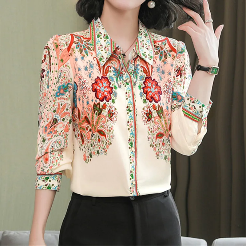 

Autumn Fashion Women's Shirt Chiffon Blouses Printed Floral Vintage Button Up Polo Neck Clothing Women Long Sleeve Basic Tops OL